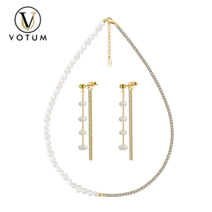 Votum S925 Sterling Silver Gold Plated Pearl Moissanite Necklace Earring Jewelry Set